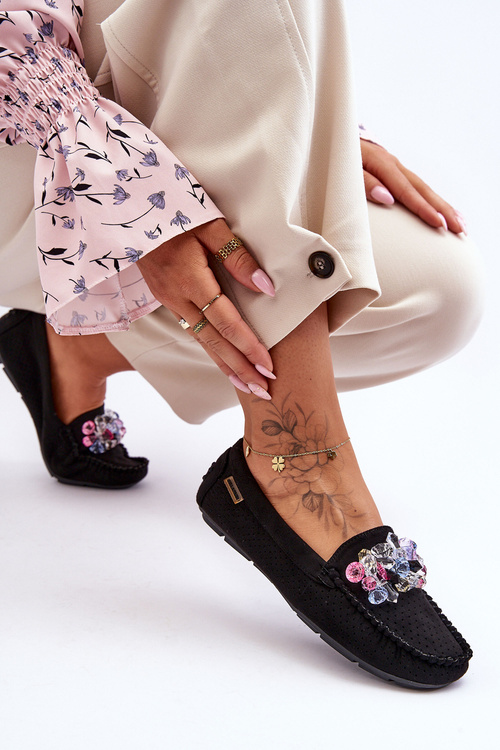 Modní semišové mokasíny s ozdobami černé Delima