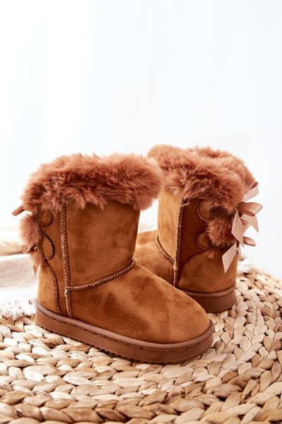 Dětské Teplé Sněhule Semišové s Mašlemi Khaki Funky