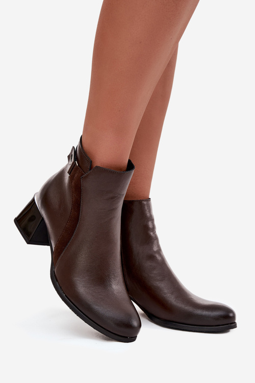 Kožené dámské kotníkové boty na podpatku s podšívkou Zazoo 60563 čokoládové