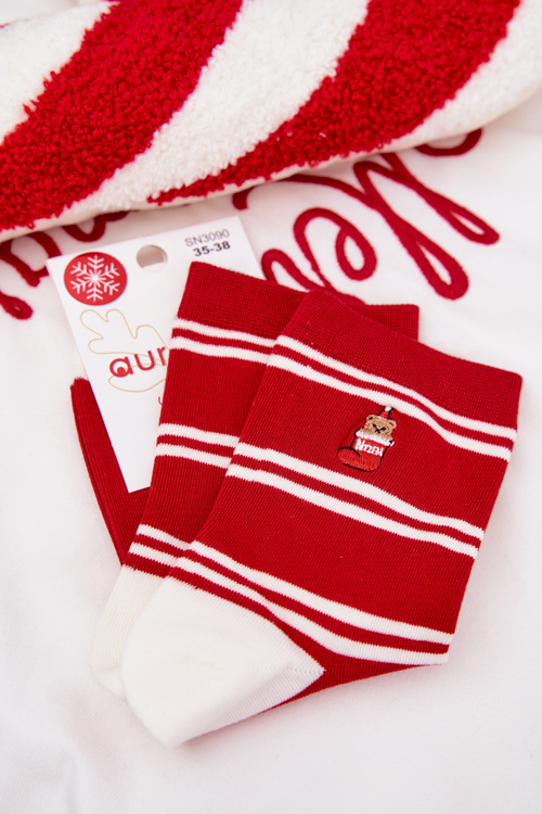 Dámske Vianočné Ponožky Pruhy A Medveď Červené