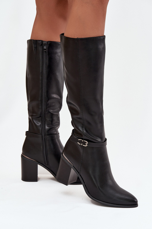 Dámské kozačky Muszkieterki zateplené na klínku s přezkou Sergio Leone KZ25738 černé