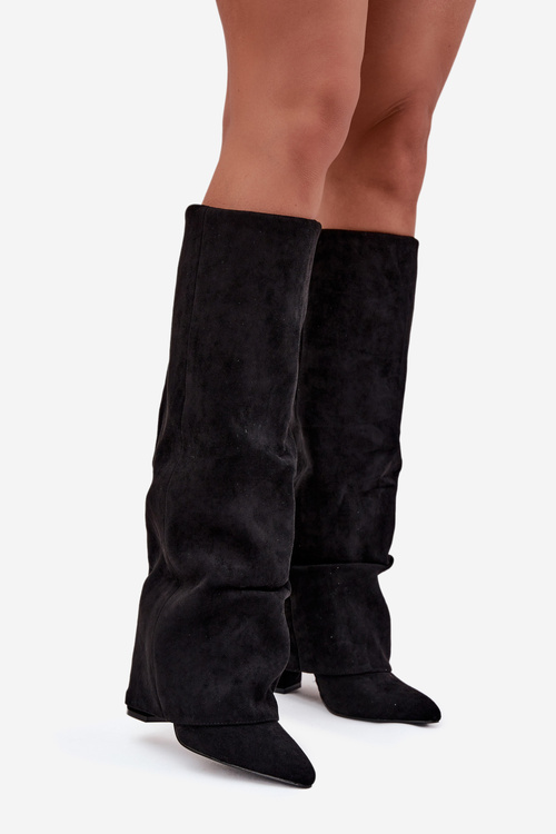 Izolované dámske čižmy s prevráteným lemom na podpätku ekologická semiš čierna Elivira