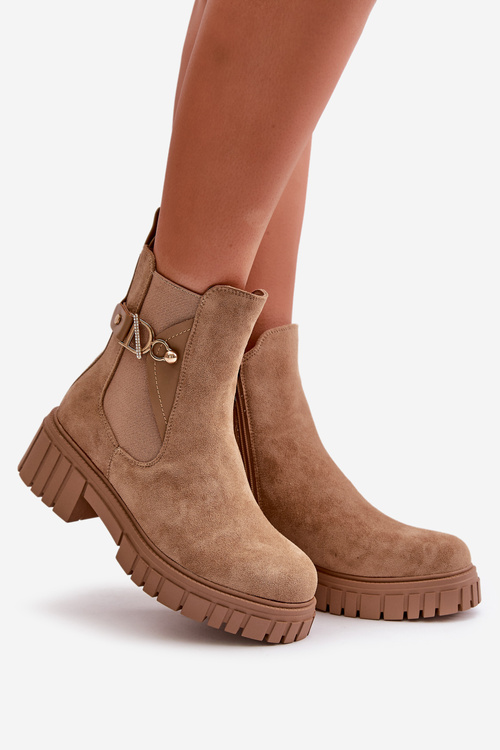 Zateplené Dámske Čižmy So Zlatým Detailom Eko Semišové Béžové Bervena