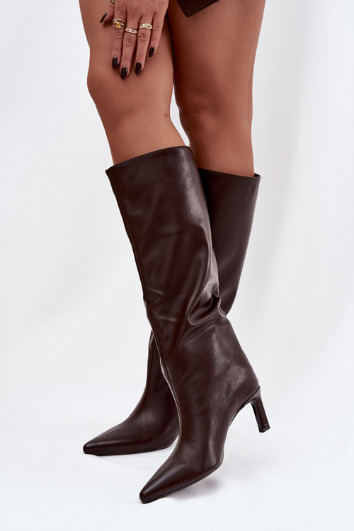 Dámské kozačky nazouvací na jehlovém podpatku s prošitím čokoládové Olyvia