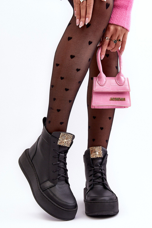 Dámské šněrovací boty s koženou ozdobou černé Nicole 2833