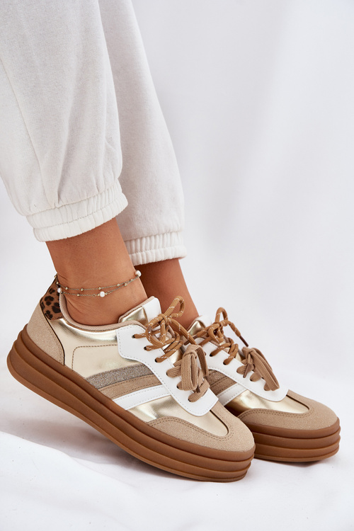 Dámské Tenisky Na Platformě S Dvojitým Šněrováním Leopardí Zlaté Klipy