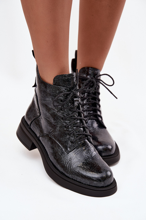 Lakované kožené dámske členkové topánky na klocku D&A LZ52-954 Tmavomodrá