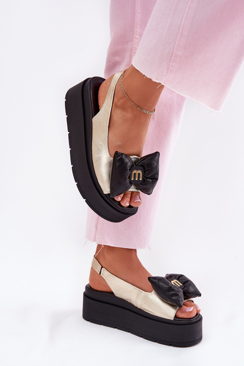 Dámské kožené sandály na platformě s mašlí CheBello 4641 zlaté-černé