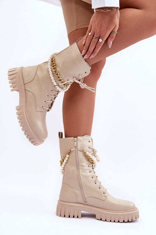 Kožené vysoké boty s řetízkem Bežová Nameer