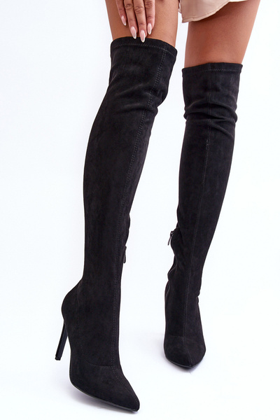 Semišové topánky na kolene na vysokom päte čierne lýtka