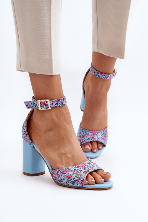 Sandály Na Podpatku S Kytkami Modré Vitamella