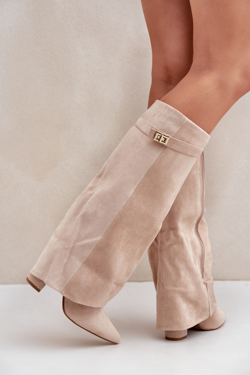 Dámske Kozačky Na Podpätku Pred Koleno Svetlo Béžové Portora