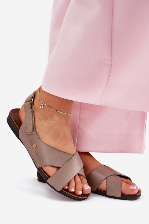 Kožené sandále na suchý zips tmavo béžové Zazoo 40141