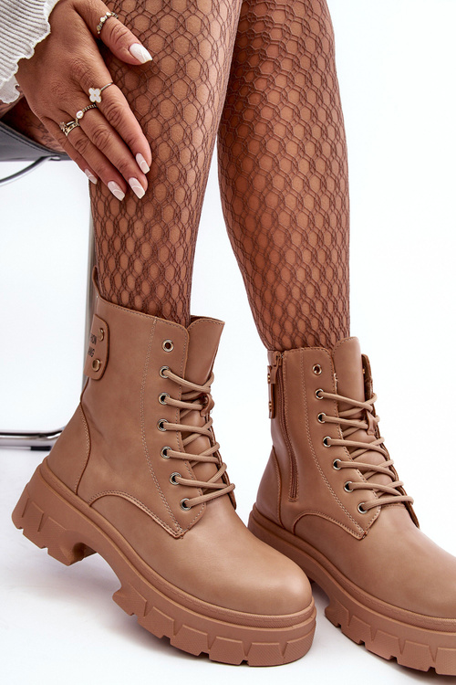 Dámské Workery Botky Šněrovací Na Plochém Podpatku Bežové Brenhile