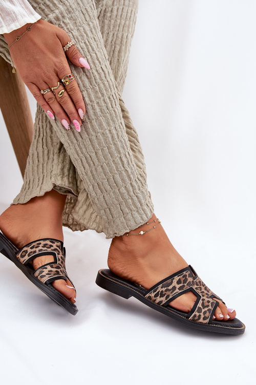 Kožené Ploché Pantofle S Panteřím Vzorem Zazoo 40383 Černé