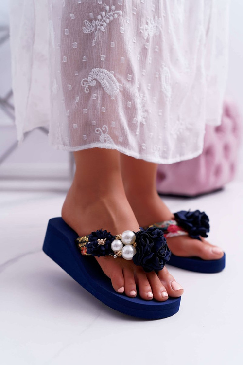 Dámske flip -flops s kvetinovými flip -flops na klinoch Navy Blue Sharme