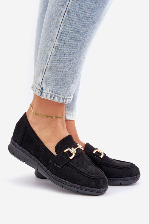 Dierované mokasíny so zlatým detailom a jutovým pletením čierne Lainer