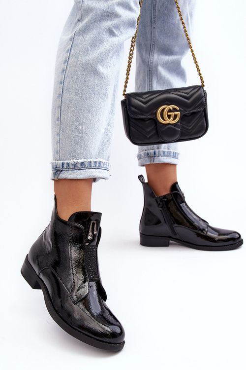 Lakované dámské boty na plochém podpatku s izolací černé SBarski HY75-120 černé