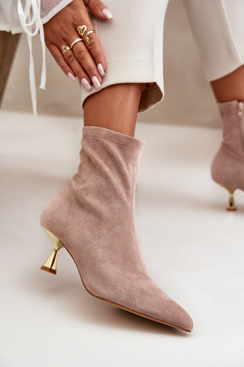 Dámske Čižmy Na Opätku Eko Semišové S Špicatými Nosmi Béžové Irithare