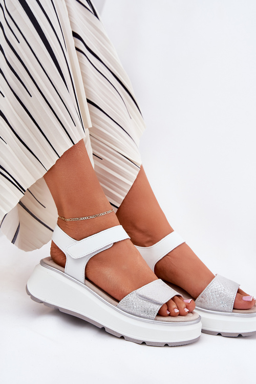 Dámske Kožené Sandále Na Platforme A Kline S Velcro S.Barski LR51-543 Strieborné