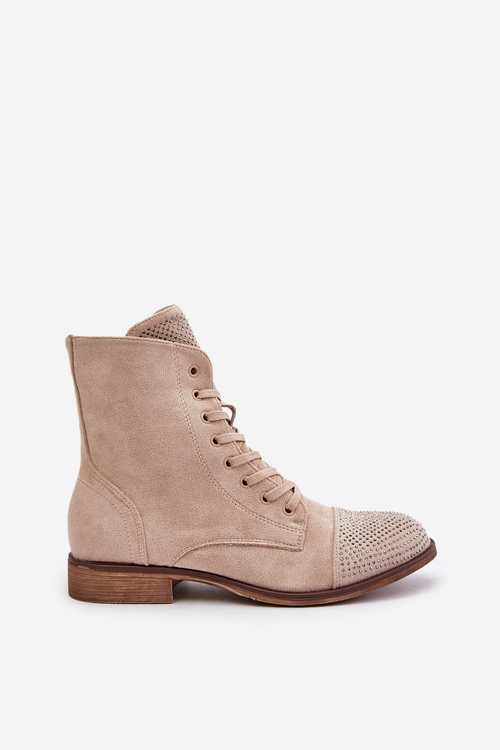 Ozdobené Boty Na Plochém Podpatku Eko Semišové Zateplené Světle Béžové Ellieo