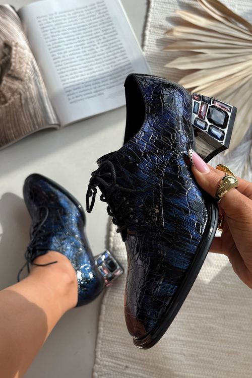 Kožené lakované dámské lodičky na podpatku s krystaly Artiker 55C0428 tmavě modré