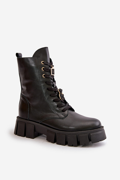 Dámské Kožené Kotníkové Boty Workery S Připínkami Černé CheBello 4247