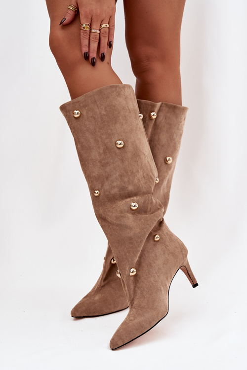 Nazouvací dámské kozačky na podpatku se zlatými ozdobami béžové Thaliane