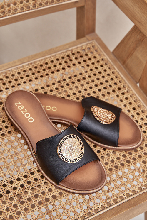 Kožené Pantofle S Dekorací Na Plochém Podpatku Zazoo 3047/O Černé