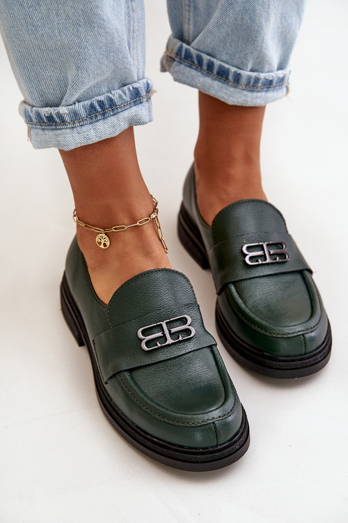 Zazoo 20174 Kožené Elegantní Polobotky Dámské Na Plochém Podpatku Tmavě Zelené