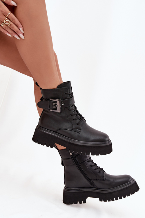 Kožené workery dámské zateplené s ozdobnou sponou D&A MK52-032 Černé