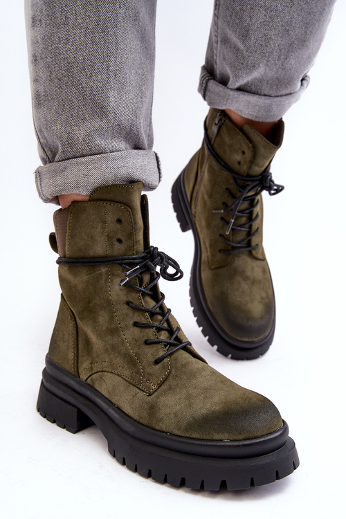 Dámské boty trapery na tlusté podrážce tmavě zelené Narelona