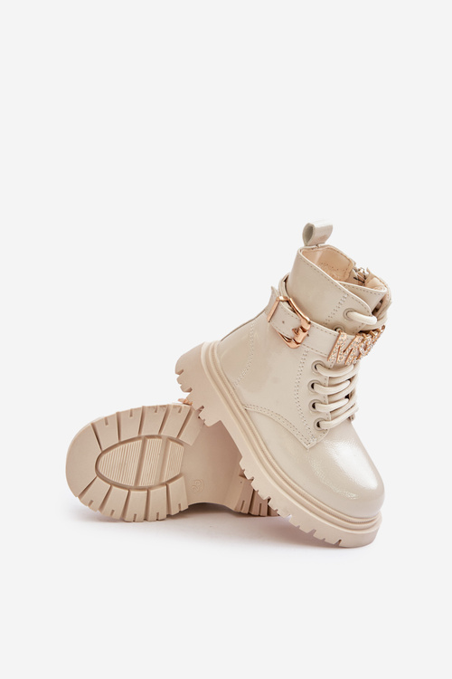 Lakované Dievčenské Topánky Zateplené S Ozdobným Pásikom Béžové Gilian