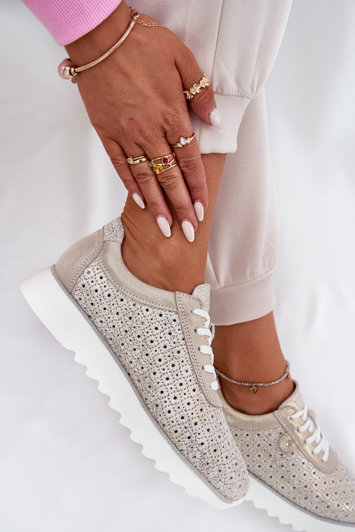 Semišové perforované tenisky na platformě zlaté LR51-927