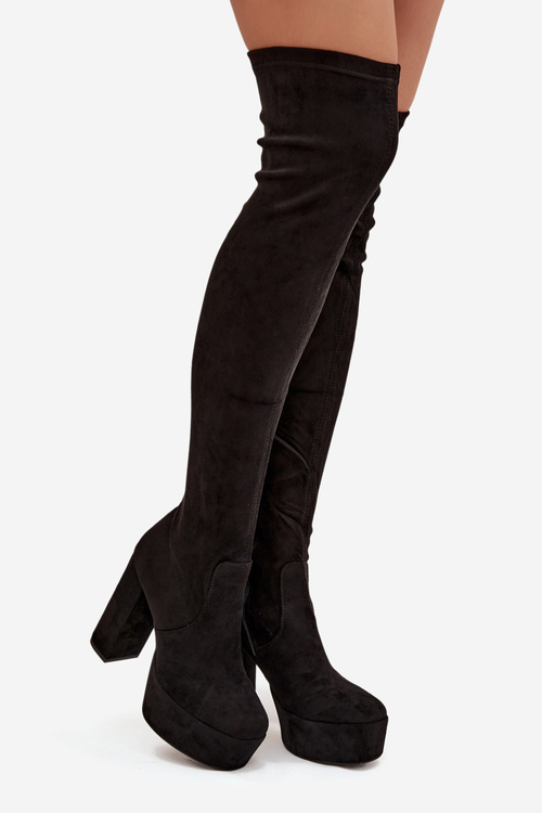 Kozačky na podpatku a platformě za koleno ekozamsové černé Amareen