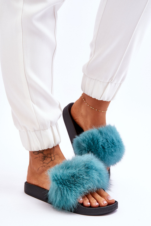 Dámske gumové žabky s tyrkysovou luxusnou kožušinou