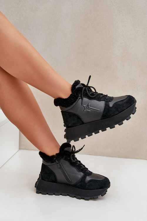 Kožené Sneakersy Kotníkové Dámské S Kožíškem Na Platformě Big Star OO274A329 Černé