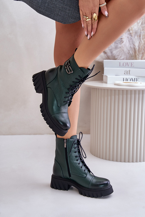 Zazoo 60486 Kožené Boty Pracovní Zateplené Tmavě Zelené