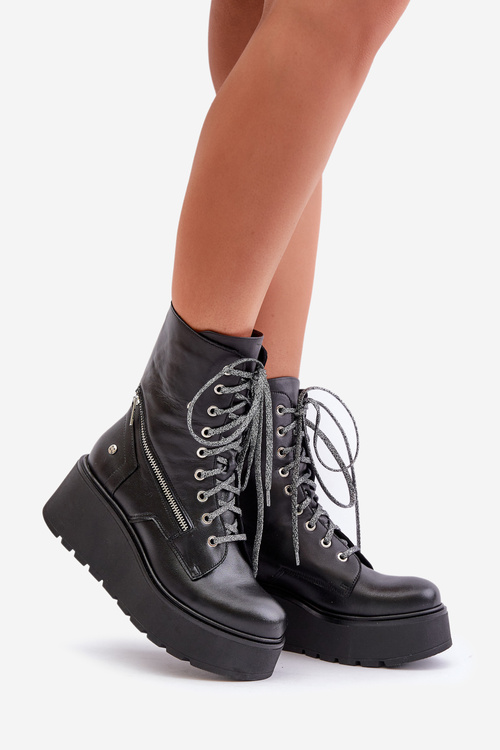 Kožené Boty Worker Na Platforme A Klíne Maciejka 06676-01 Čierne