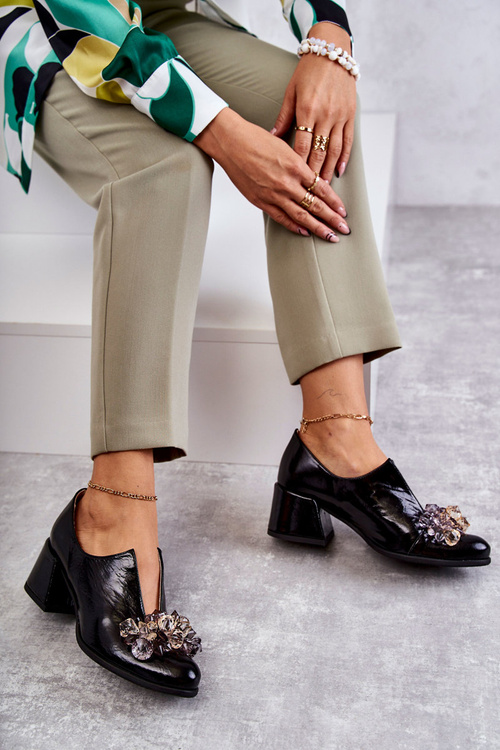 Kožené Hladké Boty S Jasně Dekorací černe Delaver