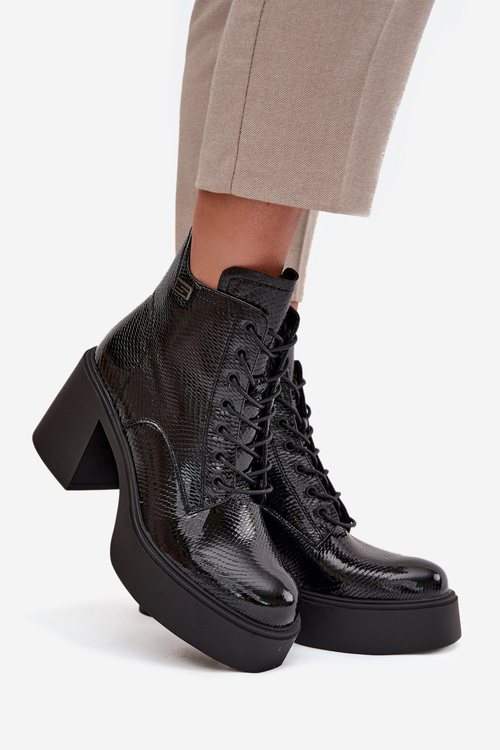 Lakované kožené dámské boty na platformě a podpatku Vinceza 66817 černé