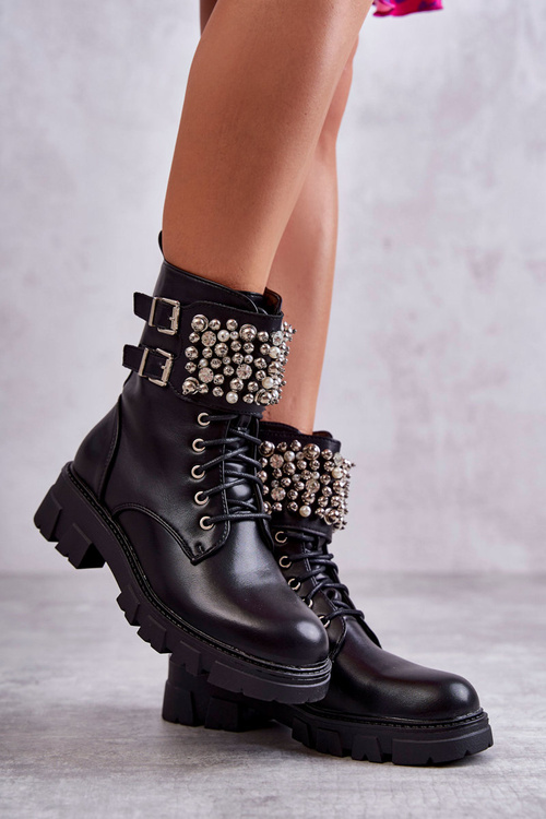 Dámské kozačky s ozdobami vázanými černe Leonese