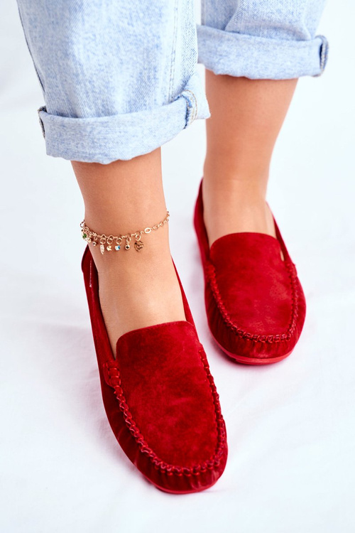 Dámské Mokasíny Kožené Semišové Červené Papito