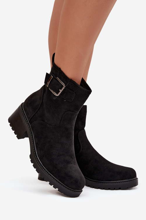 Zateplené dámské kotníkové boty na nízkém podpatku s přezkou Černé Helvina