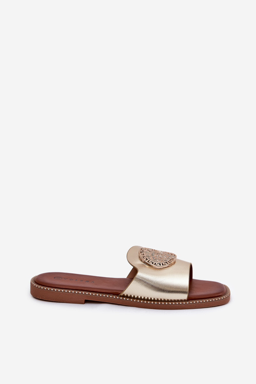 Eko Kožené Pantofle Na Plochém Podpatku S Ozdobou Zlaté Tatereia