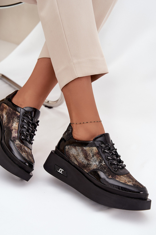 Kožené šnurovacie dámske topánky na platforme Artiker 57C2042 Čierno-zlaté