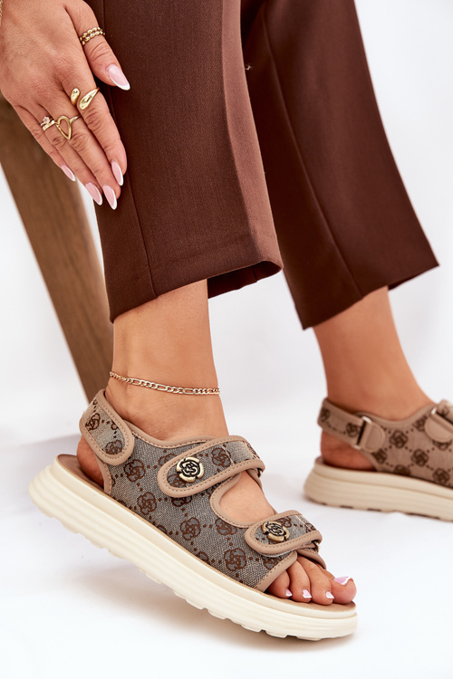 Dámské Vzorované Textilní Sandály Se Zlatými Detaily Khaki Pefese