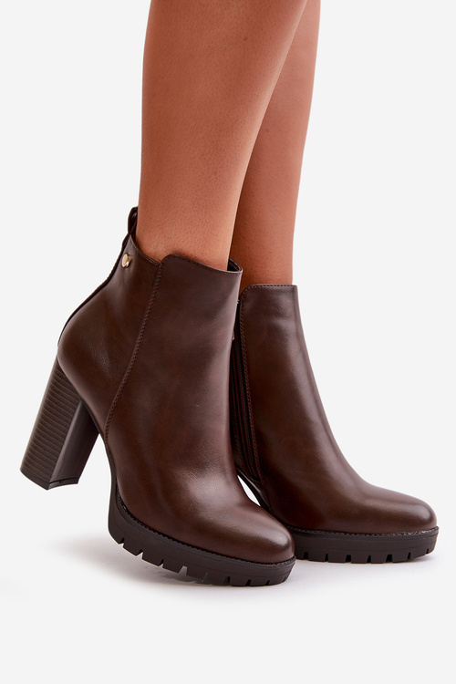 Dámske zimné topánky na vysokom opätku so zipsom tmavohnedé Bioria