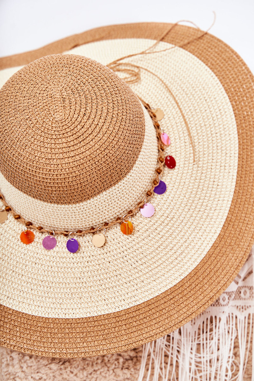 Straw klobúk s dekoratívnym béžovo-hnedo-hnedým prúžkom Lanetta