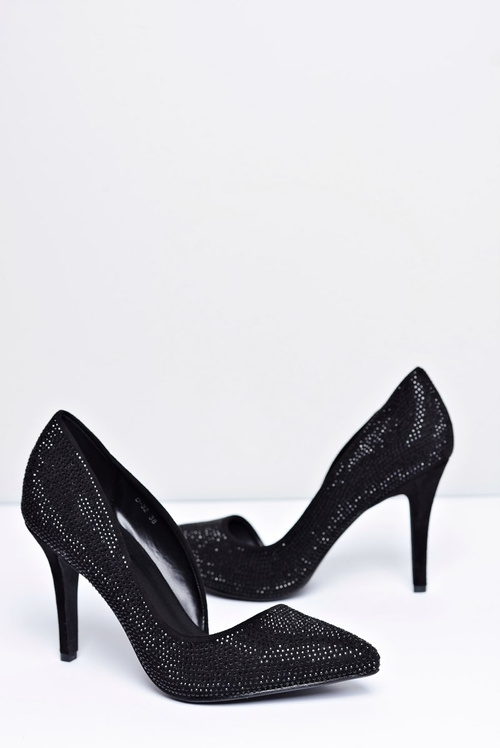 Dámske vysoké podpätky Čierne semišové asymetrické kamienky Santee